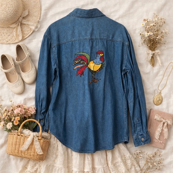 Marisol Tops - Vintage Denim Shirt Rooster Embroidered Cottagecore Farm Western Folk S/M